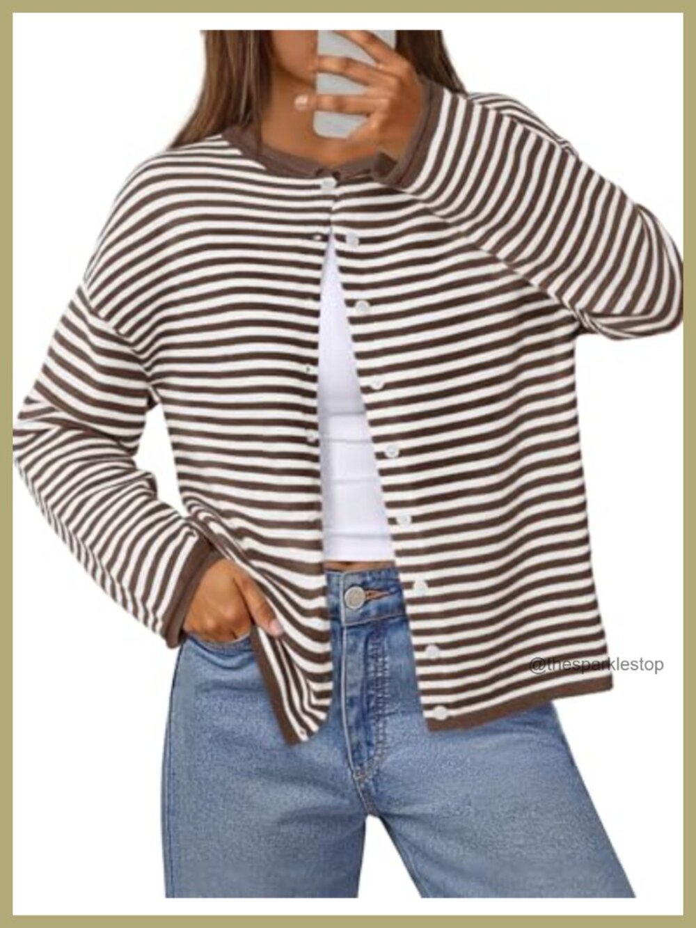 Striped Button Down Cardigan Sweater Rolled Collar Drop Shoulder Loose Fit Fall